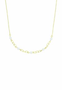 Collana in oro con perle bianche tonde alternate a forme ovali collegate. Superficie liscia con una finitura lucida.