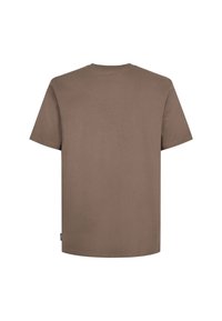 Brun bomulds t-shirt, rund hals, korte ærmer. Glat tekstur, lige snit, og et lille mærke på siden. Kun bageste udsigt.