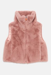 Gilet in pelliccia sintetica rosa con alto colletto, zip frontale e design senza maniche. Texture morbida e tessuto interno a contrasto visibile.