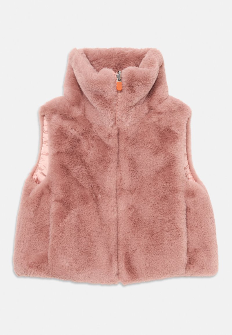 Gilet in pelliccia sintetica rosa con alto colletto, zip frontale e design senza maniche. Texture morbida e tessuto interno a contrasto visibile.