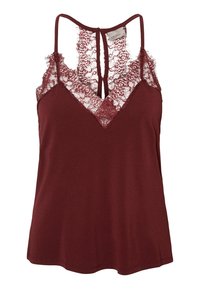 Camisole bordeaux avec bordure en dentelle et décolleté en V, dotée de bretelles réglables et d'un détail dos ajouré. Texture douce et lisse.