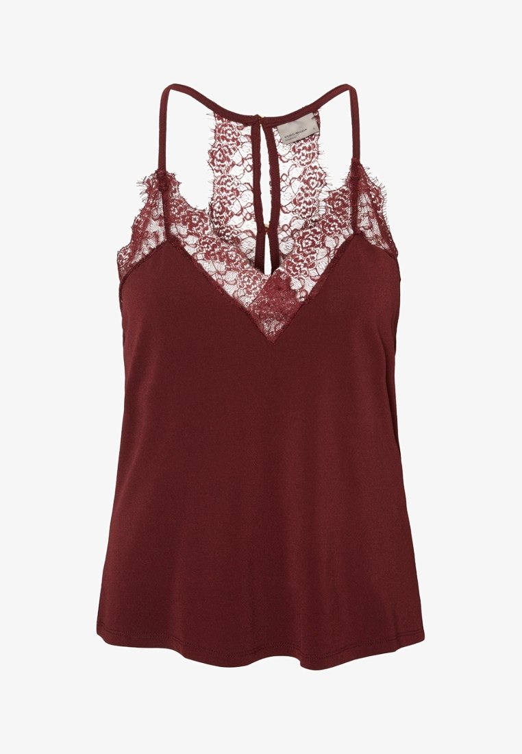 Camisole bordeaux avec bordure en dentelle et décolleté en V, dotée de bretelles réglables et d'un détail dos ajouré. Texture douce et lisse.