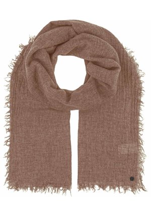 Sciarpa intrecciata marrone con una texture morbida e bordi frangiati. Presenta un motivo sottile e un piccolo logo su un bordo.