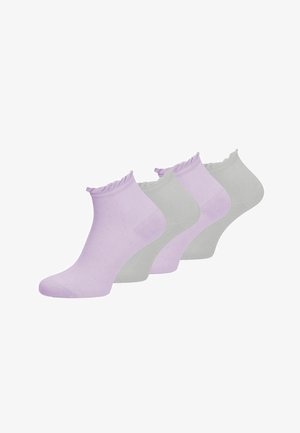 Four pairs of ankle-length socks in lavender color with ruffled cuffs, arranged in a diagonal line on a white background.
