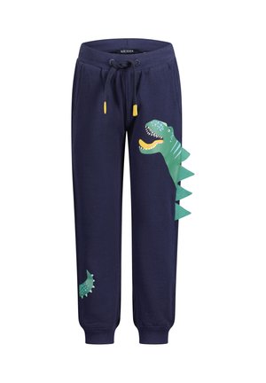 Navyblå børnesweatpants med grøn dinosaurhoved- og haletryk samt snøre i taljen med gule ender.