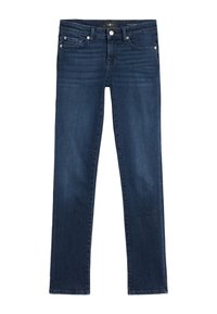 Mörkblå denimjeans med slim fit, fem fickor, knapp- och dragkedjestängning fram, samt subtil blekning på låren.