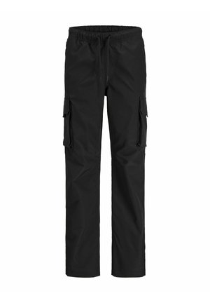Svarte cargo-bukser med rette ben, elastisk midjebånd, snor og klaffelommer på begge ben.