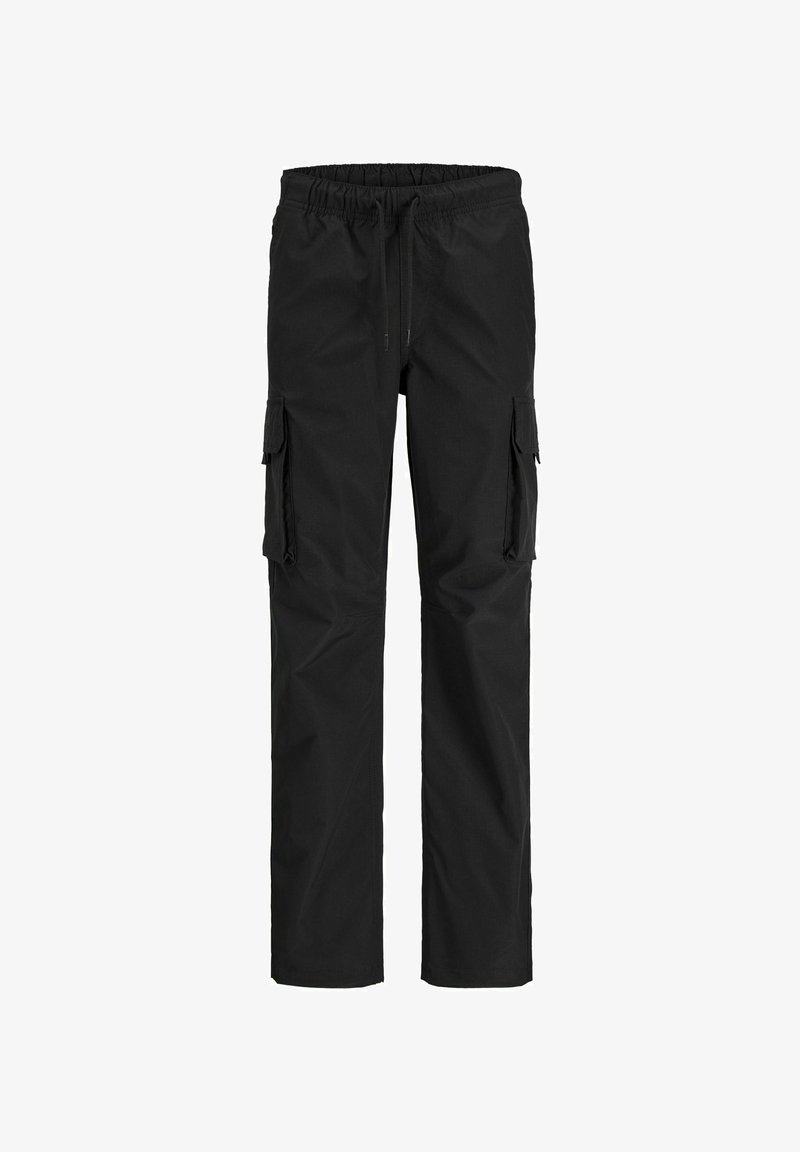 Μαύρο παντελόνι cargo με ευθύ κόψιμο, ελαστική μέση, κορδόνι και τσέπες με καπάκι και στις δύο πλευρές.