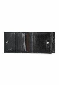 Czarny skórzany portfel z wieloma miejscami na karty i ciemnobrązowym wnętrzem, z zapięciem na zatrzask i logo ochrony RFID na zewnątrz.