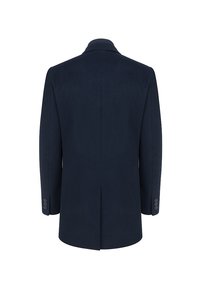 Marynarka w kolorze granatowym o dopasowanym kroju z kołnierzem z wycięciem, długimi rękawami i mankietami na trzy guziki. Gładka tkanina z rozcięciem z tyłu na środku.