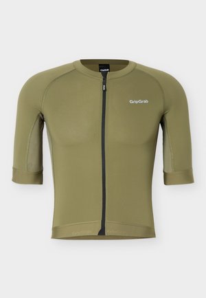 Olivovo zelený cyklistický dres s krátkym rukávom, predným zipsom a logom „GripGrab“ na hrudi a na štítku na golieri.