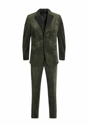 Olivegrünes Samtanzug mit Ein-Knopf-Jacke und Reverskragen, ausgestattet mit zwei vorderen Taschen und passenden, schmal zulaufenden Hosen.