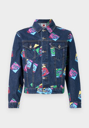Jachetă din denim cu o bază albastră, decorată cu modele colorate de fața unor monștri în stil caricatural. Color cu guler clasic și închidere cu nasturi, dotată cu buzunare.