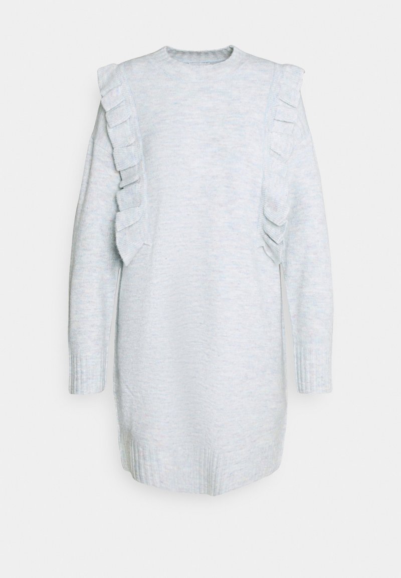 Robe pull en maille gris clair à manches longues avec des détails à volants courant verticalement sur les côtés avant et des poignets et un ourlet côtelés.