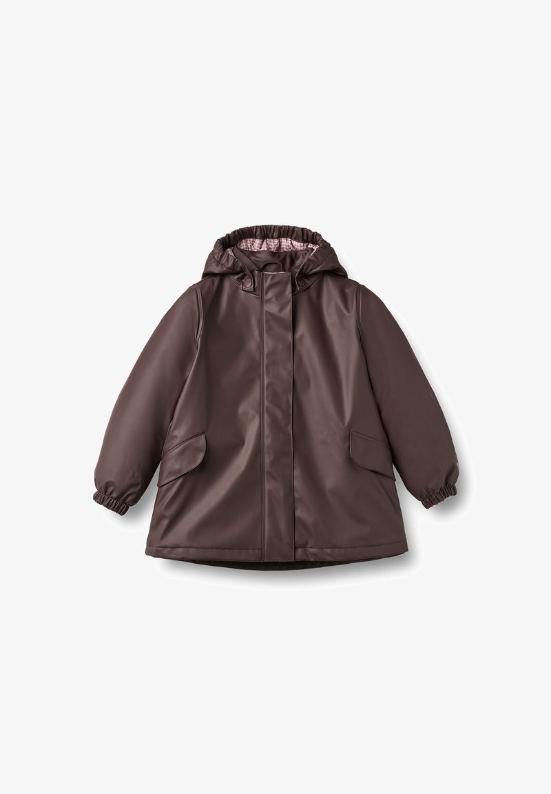 Imperméable marron à capuche pour enfant avec poignets élastiques, poches avant et fermeture éclair dissimulée à l’avant avec boutons-pression.
