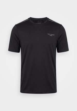 Μαύρο αθλητικό t-shirt με κοντά μανίκια και στρογγυλή λαιμόκοψη, ανακλαστικές ρίγες στους ώμους και μικρό λογότυπο «Ted Baker Sport» στο αριστερό στήθος.