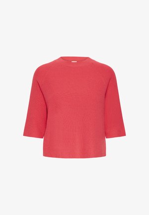 Pull en maille rouge corail à manches courtes avec col rond et texture côtelée, présenté sur un fond blanc uni.