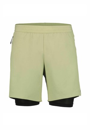 Hellgrüne Sportshorts mit schwarzer Netz-Innenschicht, elastischem Bund und seitlichen Reißverschlusstaschen. Glatte Textur und knielanges Design.