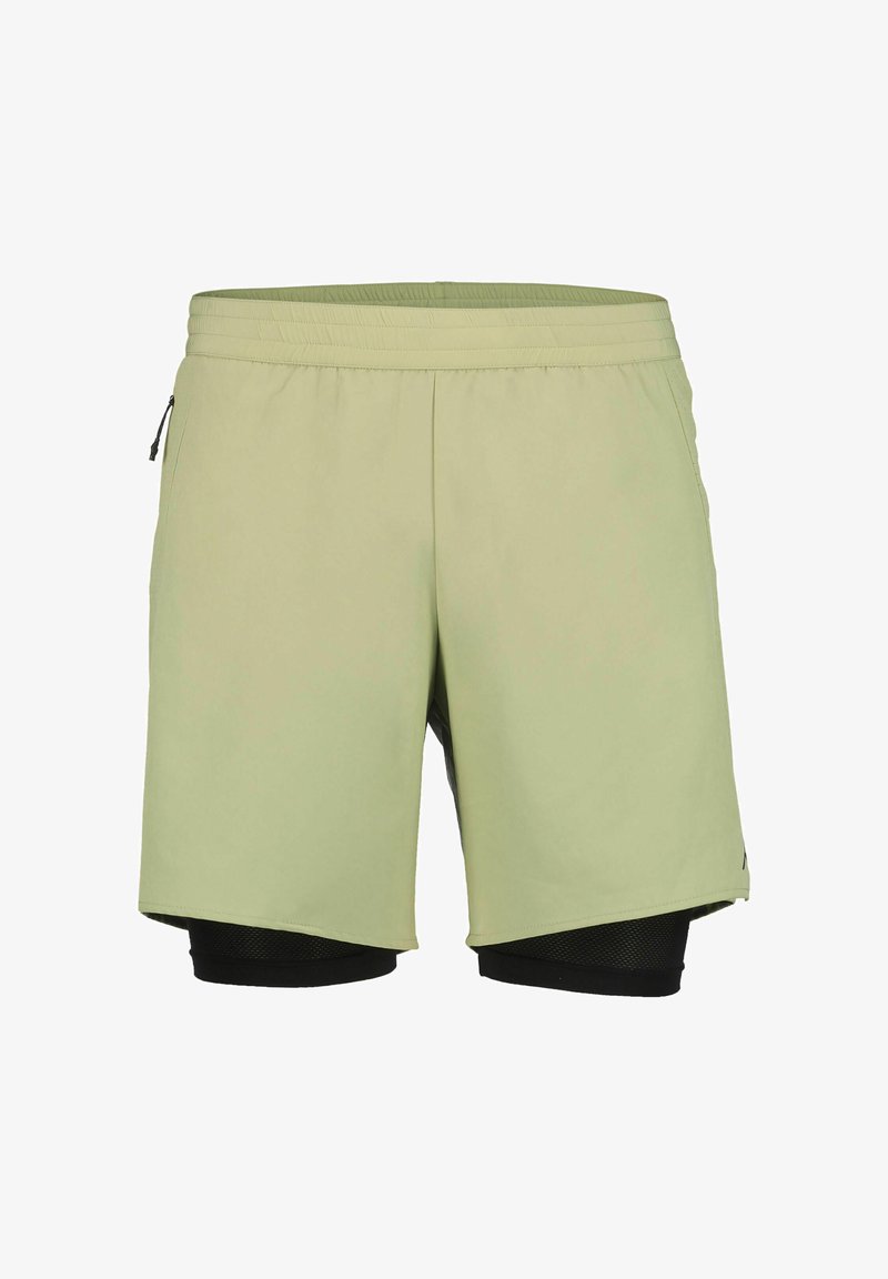Pantaloncini sportivi verde chiaro con uno strato interno in rete nera, vita elasticizzata e tasche laterali con cerniera. Texture liscia e lunghezza fino al ginocchio.