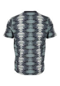 T-shirt a maniche corte in azzurro chiaro con motivo astratto blu scuro, caratterizzata da una scollatura tonda e una texture morbida in misto cotone.