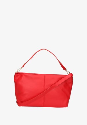 Borsa a spalla in pelle rossa con una maniglia superiore singola e una tracolla rimovibile. Presenta una texture liscia e una cucitura decorativa sul davanti.
