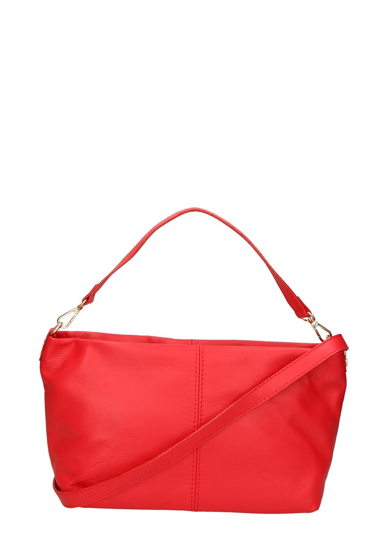 Borsa a spalla in pelle rossa con una maniglia superiore singola e una tracolla rimovibile. Presenta una texture liscia e una cucitura decorativa sul davanti.