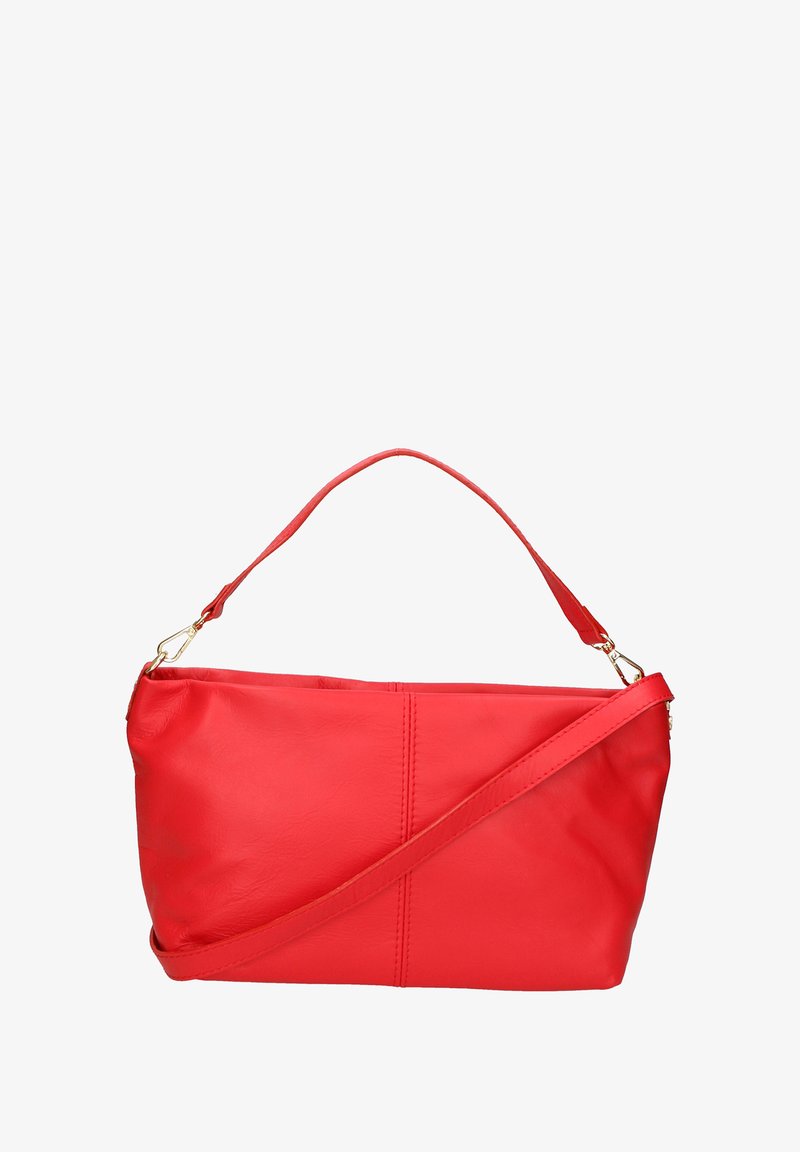 Borsa a spalla in pelle rossa con una maniglia superiore singola e una tracolla rimovibile. Presenta una texture liscia e una cucitura decorativa sul davanti.