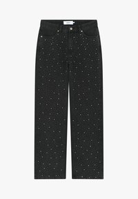 Schwarze hoch taillierte Straight-Leg-Jeans mit einem weiß gefleckten Muster, das verstreuten Farbtropfen im gesamten Stoff ähnelt.