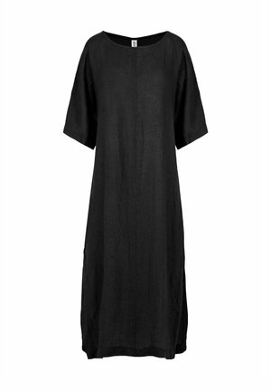 Loszittende zwarte midi-jurk met korte mouwen en een ronde hals van lichtgewicht stof.