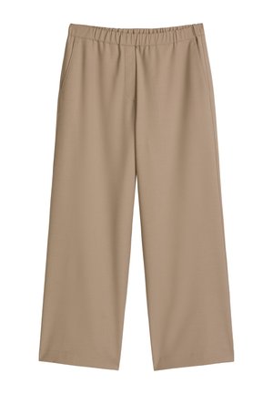 Beige wijde broek met elastische tailleband en zijzakken, gemaakt van gladde stof, geschikt voor casual gebruik.