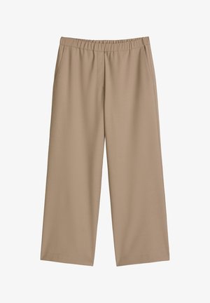 Beige wijde broek met elastische tailleband en zijzakken, gemaakt van gladde stof, geschikt voor casual gebruik.
