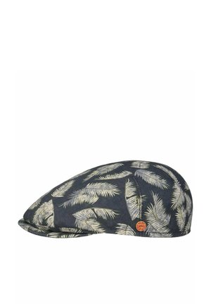 Flat cap with dark background and light feather pattern, featuring a small round red and yellow brand badge on the side.