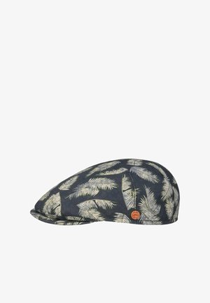 Flat cap with dark background and light feather pattern, featuring a small round red and yellow brand badge on the side.