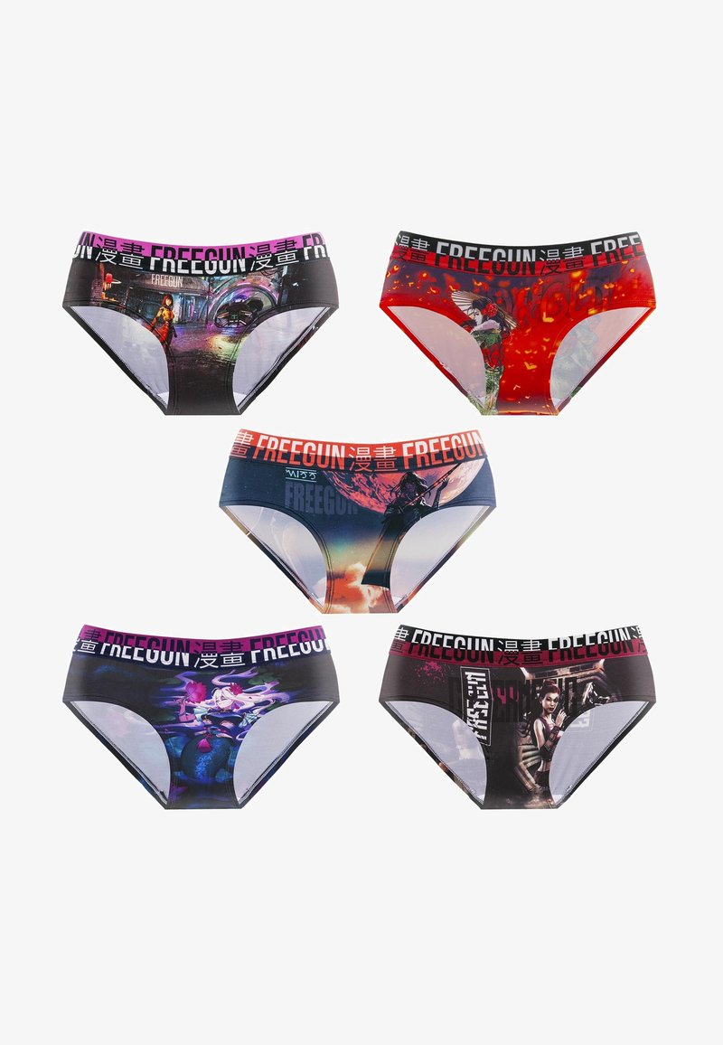 Cinq slips colorés avec des personnages et des scènes de style anime, des ceintures de marque portant l'inscription "FREEGUN" en anglais et en japonais.