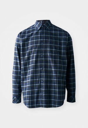 Blauwe en zwarte geruite shirt van katoen, met een knoopsluiting aan de voorkant, lange mouwen en een enkele borstzak. Gestructureerde stof.