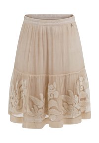 Beżowa spódnica z teksturowanym wzorem, charakteryzująca się zwiewnym krojem, elastycznym pasem i misternymi kremowymi haftami wzdłuż dołu.