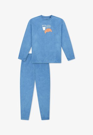 Conjunto de pijama azul claro de manga larga y pantalones con un gráfico de un croissant y un vaso de leche y la palabra "Bonjour" en el pecho.