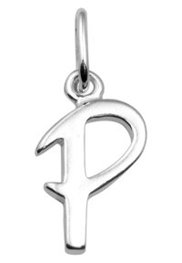 Zilveren hanger in de vorm van een gestileerde letter "P", met een gepolijste afwerking en een klein lusje voor bevestiging.