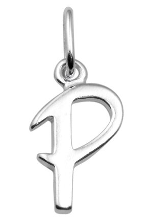 Zilveren hanger in de vorm van een gestileerde letter "P", met een gepolijste afwerking en een klein lusje voor bevestiging.