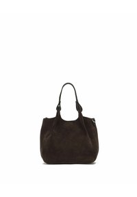 Bruine suède tote bag met twee bovenhandvatten en een eenvoudig, onverfraaid ontwerp. Zachte textuur en afgeronde vorm.