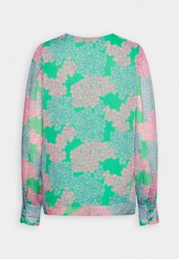 Blusa a maniche lunghe in tessuto trasparente con motivo floreale nei toni del verde, rosa e blu. Tessuto morbido con scollatura rotonda e polsini aderenti.