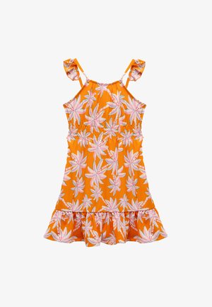 Oranje jurk met een roze bloemenpatroon, gerimpelde lijfje, ruches op de schouders en een uitlopende zoom. Lichtgewicht stof met een gestructureerde afwerking.