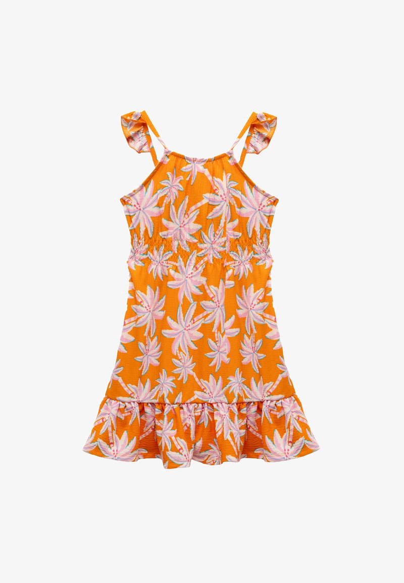 Orange klänning med rosa blommönster, smockad midja, flikiga axelremmar och utsvängd nederkant. Lättviktsmaterial med en texturerad yta.