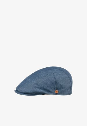 Blue flat cap with visible stitching and a small round orange brand logo on the side, shown in profile against a white background.