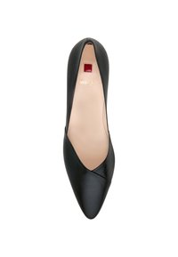Black leather pointed-toe pump with a smooth finish and a low-cut design. Features a gold brand logo and a red accent on the insole.