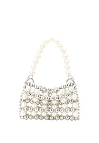 Perlen- und Silberperlen-Handtasche mit rundem Design, ausgestattet mit einem Fußgriff aus abwechselndem Perlen und metallischen Perlen.