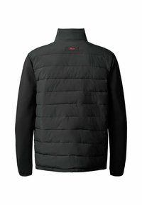 Veste matelassée noire à manches longues et col haut, vue de dos, avec un petit logo rouge près de l'encolure.