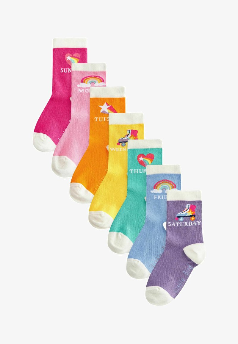 Bunte Socken, die von Pink bis Lila angeordnet sind, mit weißen Bündchen und Wochentagsnamen, verschiedenen Mustern, darunter Regenbögen und Sterne.