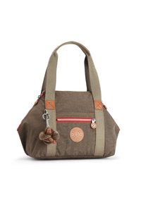 Brown canvas bag with dual handles, a red and silver zipper, leather accents, and a brown monkey keychain attached. Round logo on the front.