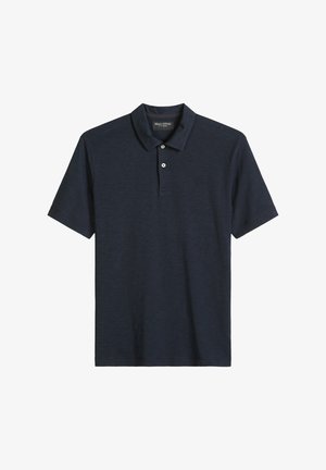 Marineblaue Kurzarm-Poloshirt mit zwei Knöpfen und einem weichen Kragen, flach auf weißem Hintergrund dargestellt.